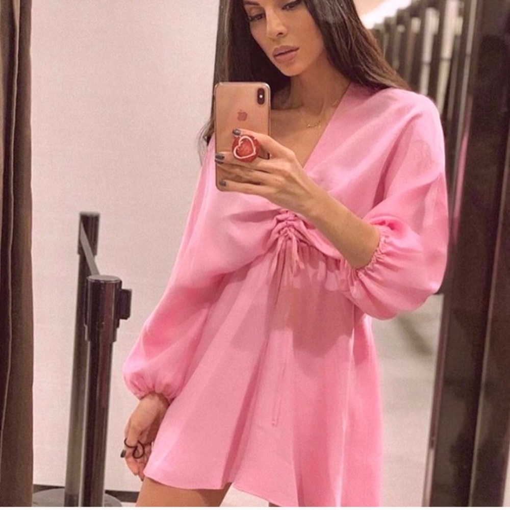 ZARA pink gathered bodice mini dress silky XS